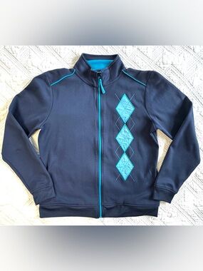 Vintage LizGolf Argyle Zip Jacket Navy Turquoise Golf Athletic Size Medium
